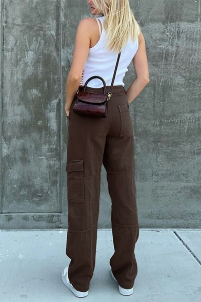 Vintage Ladies Jeans Zipper Closure High Rise Flap Pocket Long Straight Loose Fit Jeans in Brown