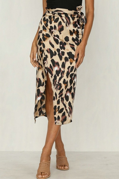 Vintage Wrap Skirt Leopard Pattern High Rise Split Side Midi Shirt for Women