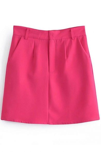 Basic Womens Plain A-Line Skirt Zipper Up Mini Skirt with Pockets