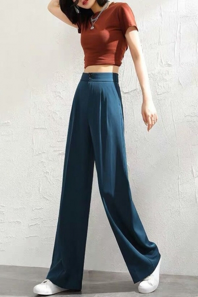 Classic Ladies Pants Mid Waist Solid Color Zipper Fly Long Straight Pants