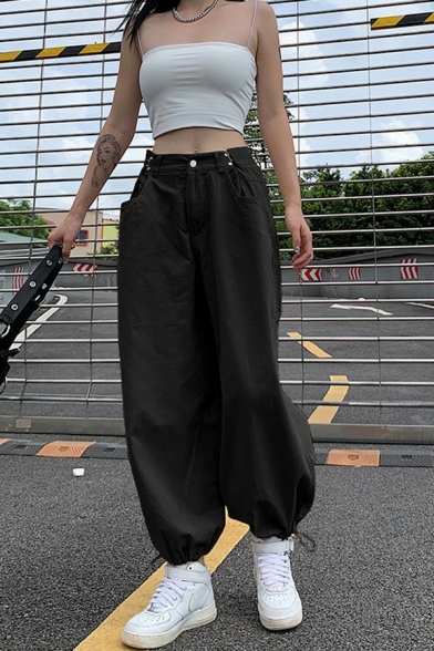 Cool Womens Pants Solid Color Zipper Fly Drawstring Cuffs Cargo Pants with Pockets