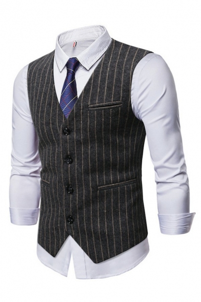 Cozy Mens Suit Vest Striped Printed V-Neck Skinny Sleeveless Button Placket Suit Vest