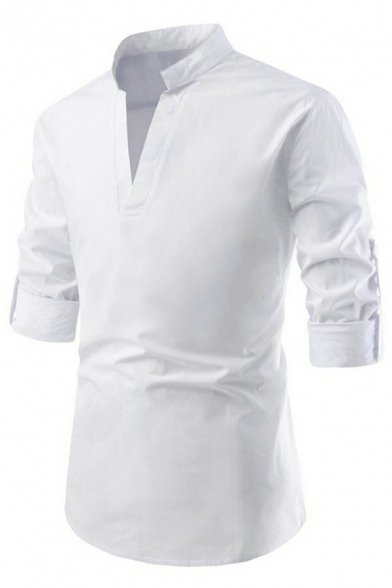 Daily Mens Shirt Plain Long Sleeve Stand Collar Regular Fit Shirt