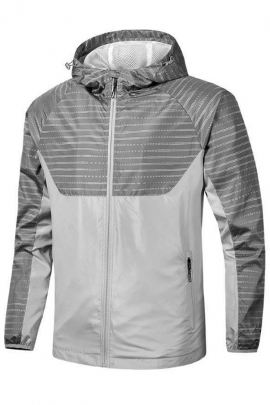 Elegant Guy's Coat Striped Print Pocket Design Long Sleeve Hooded Regular Zip Fly Jacket