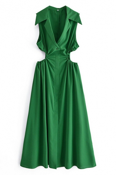 Elegant Womens Dress Solid Color Lapel Neck Sleeveless Hollow Midi Flare Dress