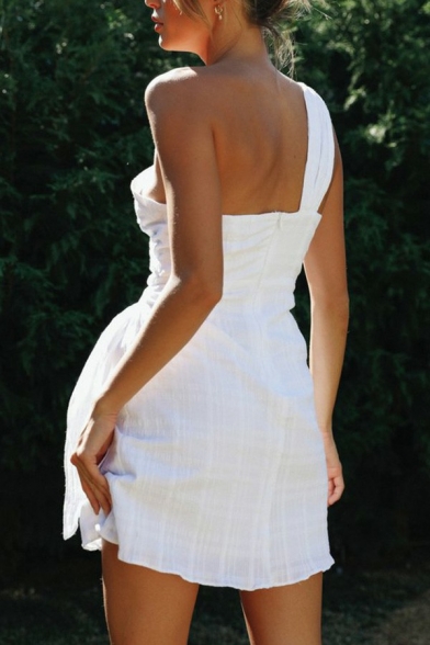 Fashionable Womens Plain Dress One Shoulder Tie Front Mini Wrap Dress in White