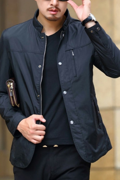 Men Novelty Jacket Stand Collar Long Sleeve Pocket Designed Regular Zipper Coat