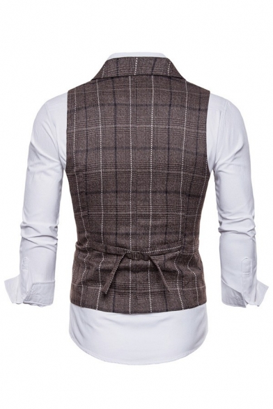 Men Stylish Suit Vest Plaid Pattern Sleeveless Slim Fit Lapel Collar Button Fly Suit Vest