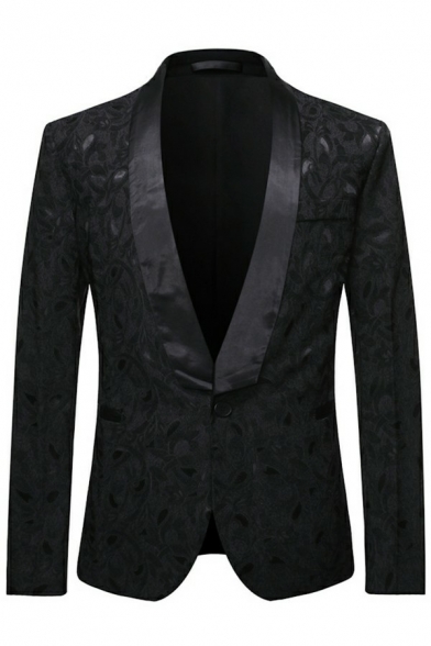 Mens Luxury Jacquard Suit Jacket Plant Print Shawl Collar Single Button Regular Fit Suit Jacket