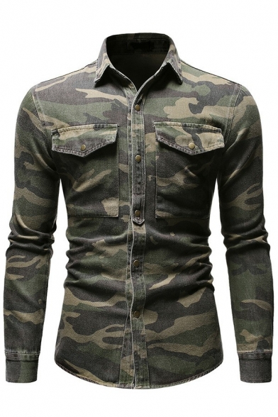Modern Mens Shirt Camouflage Print Long Sleeve Turn-down Collar Regular Fit Button Shirt