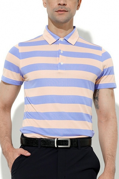 Modern Polo Shirt Stripe Pattern Button Detail Turn-down Collar Regular Fit Polo Shirt for Men