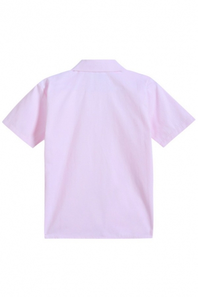 Simple Girls Shirt Plain Lapel Collar Chest Pocket Short Sleeve Button Downs Slim Shirt