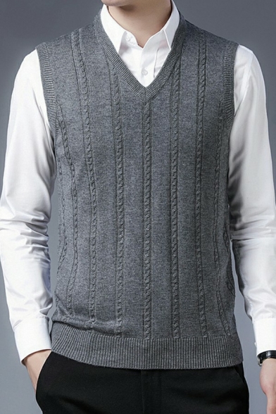 Simple Jacquard Sweater Vest Stripe Print V-Neck Regular Fit Knitted Vest for Men