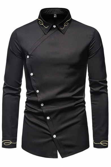Simple Mens Shirt Embroidered Long Sleeve Button Closure Turn-down Collar Regular Fit Shirt