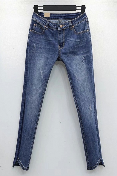 Simple Womens Jeans Distressed Zip Fly Mid Waist Asymmetrical Hem Darkwash Blue Skinny Denim Pants