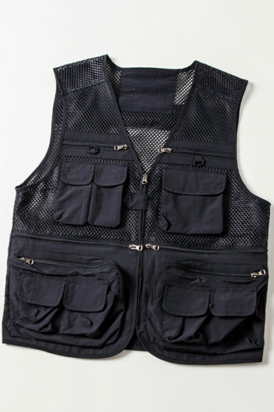 Stylish Mens Grid Vest V-neck Pure Color Zip Closure Loose Fit Vest