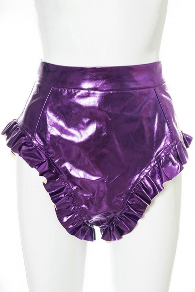 Unique Girls Shorts Solid Color Zip Closure Ruffle Hem High Waist Sparkly Shiny Hot Pants