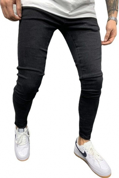 Urban Jeans Pure Color Pocket Skinny Long Length Mid Rise Zip Fly Jeans for Men