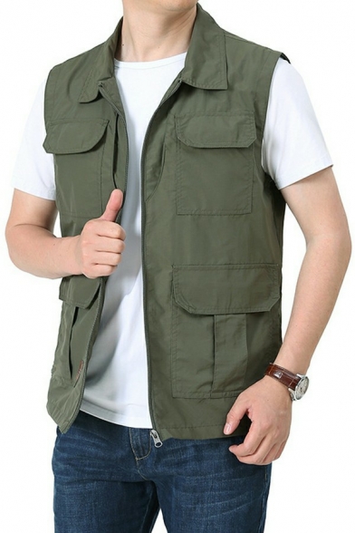 Vintage Guys Vest Spread Collar Pure Color Zip Closure Regular Fit Vest with Pocket