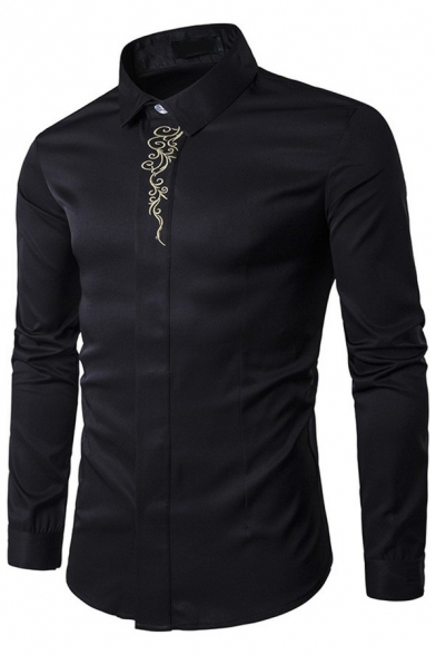 Basic Mens Shirt Floral Embroidered Long Sleeve Button Closure Turn-down Collar Regular Fitted Shirt
