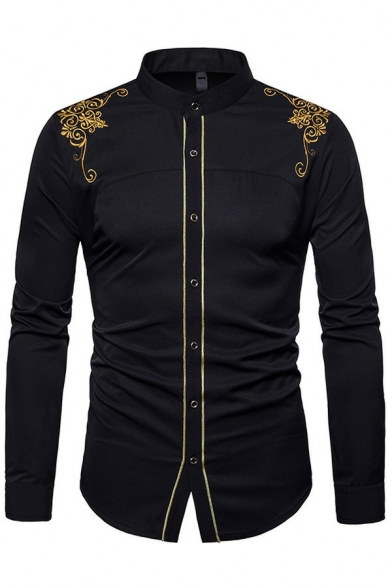 Chic Mens Shirt Tribal Embroidered Pattern Long Sleeve Button Closure Stand Collar Regular Fitted Shirt