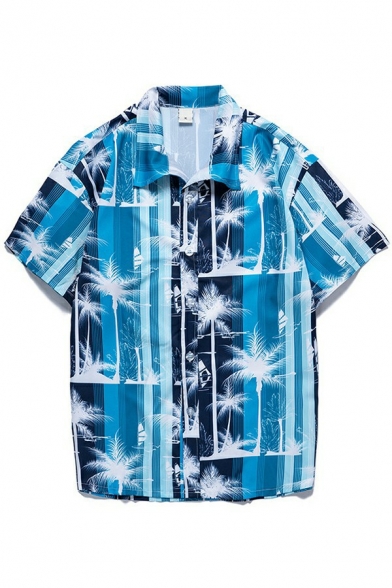 dgy Mens Shirt Tropical Pattern Spread Collar Oversized Short Sleeve Button Fly Shirt