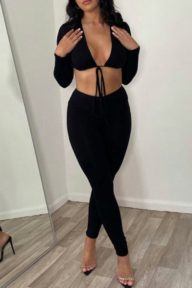 Elegant Womens Jumpsuits Deep V Neck Tie Front Hollow Out Long Sleeve Slim Fit Jumpsuits