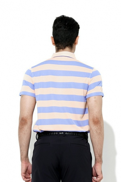 Modern Polo Shirt Stripe Pattern Button Detail Turn-down Collar Regular Fit Polo Shirt for Men