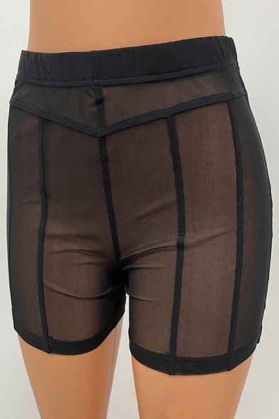 Sexy Ladies Shorts Solid Sheer Elastic Waist Mid Rise Skinny Shorts
