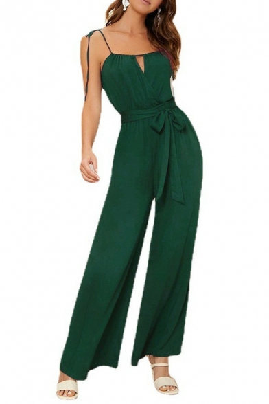 Stylish Womens Jumpsuits Hollow Detail Spaghetti Tie Strap Tie Waist Wide Leg Jumpsuits in Green
