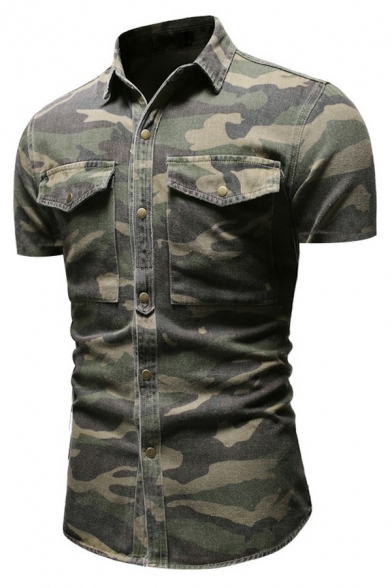 Vintage Mens Shirt Camouflage Print Short Sleeve Turn-down Collar Regular Fit Button Shirt