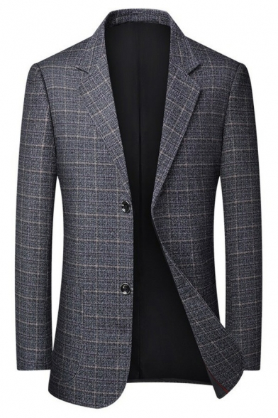Chic Blazer Plaid Pattern Lapel Collar Long Sleeve Slim Button down Suit Blazer for Men