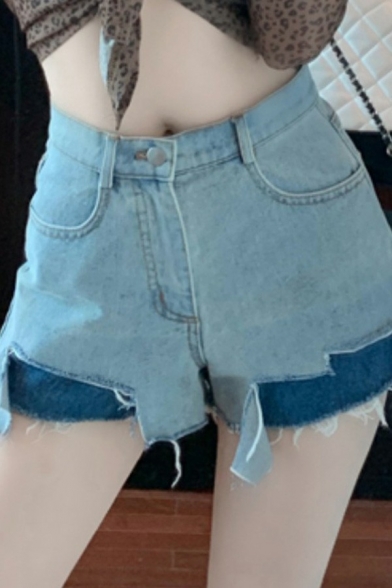 Cool Womens Shorts Solid Ripped Zip Fly High Waist Denim Shorts