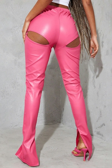 Designer Ladies PU Pants Solid Color Elastic Waist Hollow Out Split Cuffs Long Length Slim Fit Pants