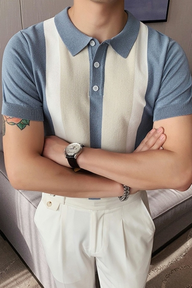 Guy's Modern Polo Shirt Color Block Turn-Down Collar Short-sleeved Slimming Polo Shirt