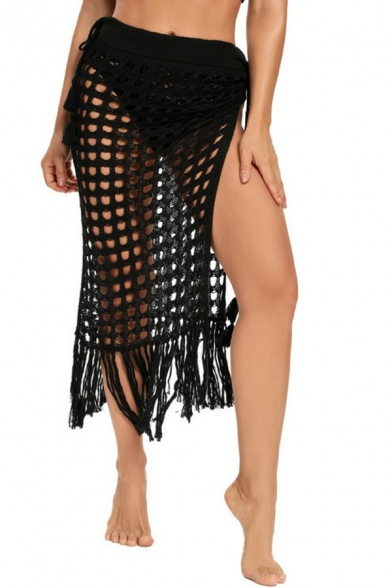 Leisure Womens Beach Skirt Plain Fish Net Lace-Up Detail Split Side Knit Midi Skirt with Fringe