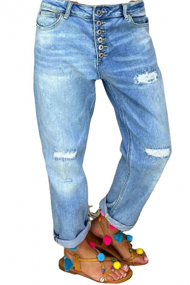 Modern Womens Jeans Lightwash Blue Button Down Mid Rise Ripped Turn Up Straight Denim Pants
