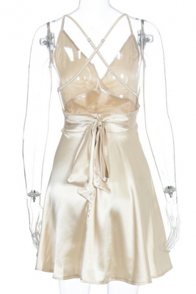 Sexy Girls Dress Solid Spaghetti Straps V-Neck Criss Cross Bow Mini A-Line Slip Dress