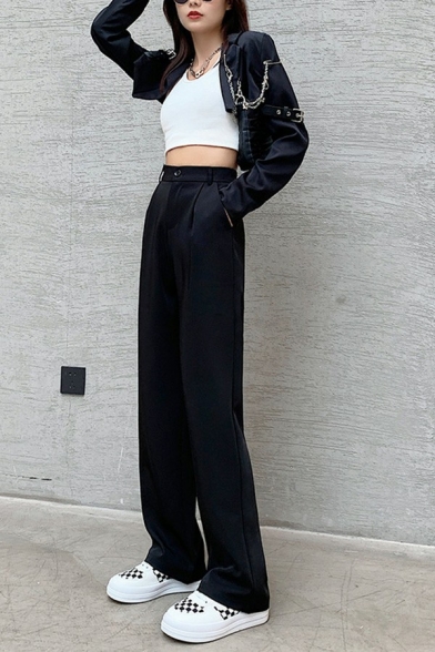 Simple Womens Pants High Rise Solid Color Long Length Straight Wide Leg Pants