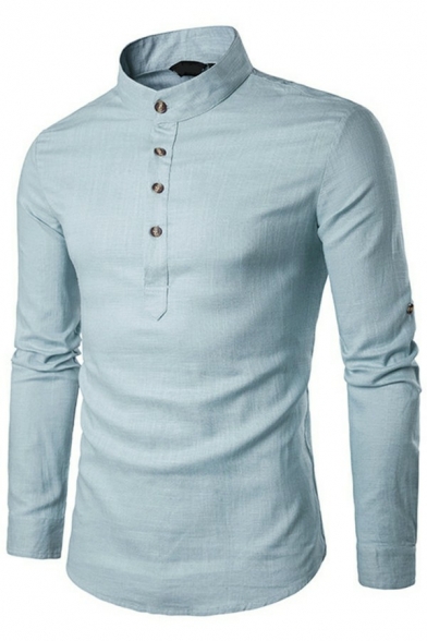 Trendy Mens Shirt Plain Long Sleeve Button Closure Stand Collar Regular Fit Shirt