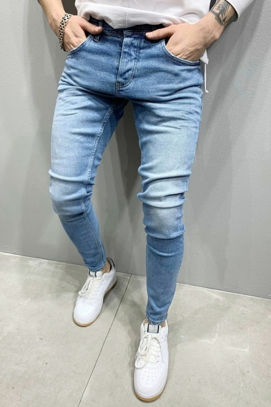 Urban Jeans Pure Color Pocket Skinny Long Length Mid Rise Zip Fly Jeans for Men