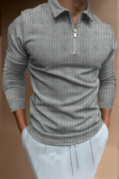 Urban Polo Shirt Pure Color Long Sleeves Regular Spread Collar Zipper Polo Shirt for Men