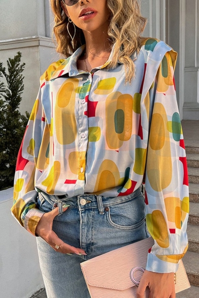 Vintage Womens Shirt Contrast Color Patchwork Button Placket Spread Collar Long Sleeve Regular Fit Shirt