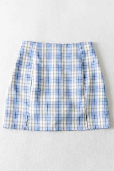 Classic A-Line Skirt Split Decorated Plaid Pattern Mini Skirt for Ladies