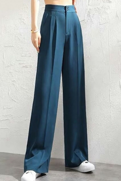 Classic Ladies Pants Mid Waist Solid Color Zipper Fly Long Straight Pants