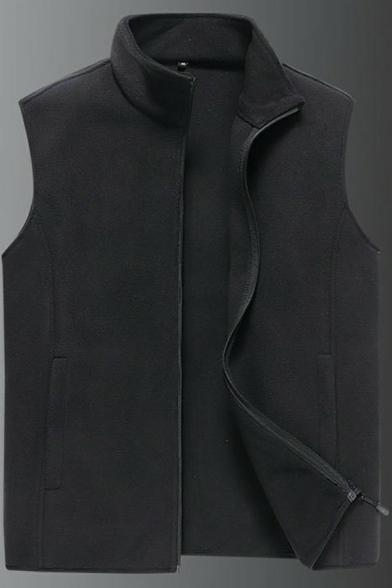 Dashing Mens Sherpa Vest Stand Collar Solid Color Zip Closure Regular Fit Vest