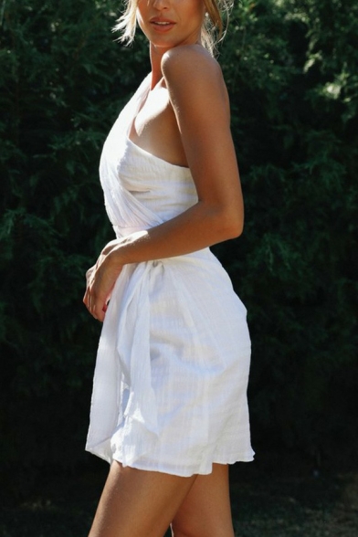 Fashionable Womens Plain Dress One Shoulder Tie Front Mini Wrap Dress in White