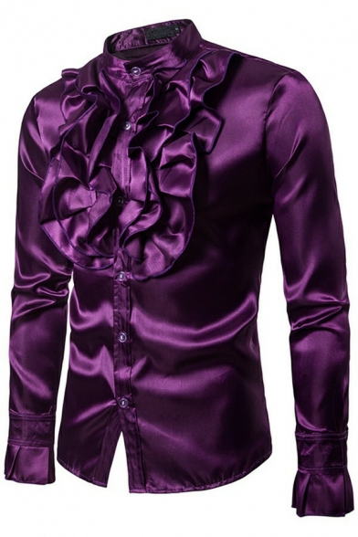 Hot Ruffle Frill Pattern Stand Collar Long Sleeves Skinny Button Placket Shirt for Men