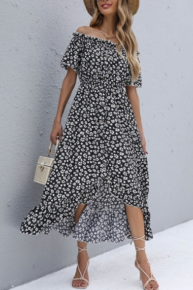 Leisure Ladies Dress Floral Printed Off the Shoulder Short Sleeve Button Ruffle Maxi Asymmetrical Dress