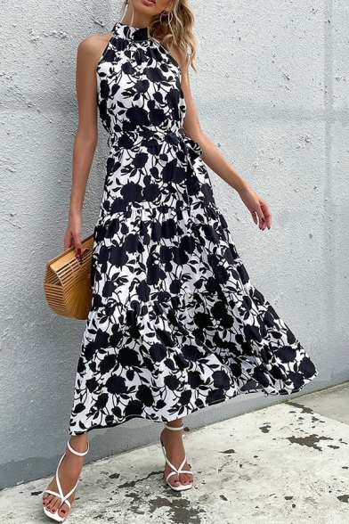 Leisure Womens A-Line Dress Halter Tie Waist Sleeveless Floral Print Split Side Midi Dress